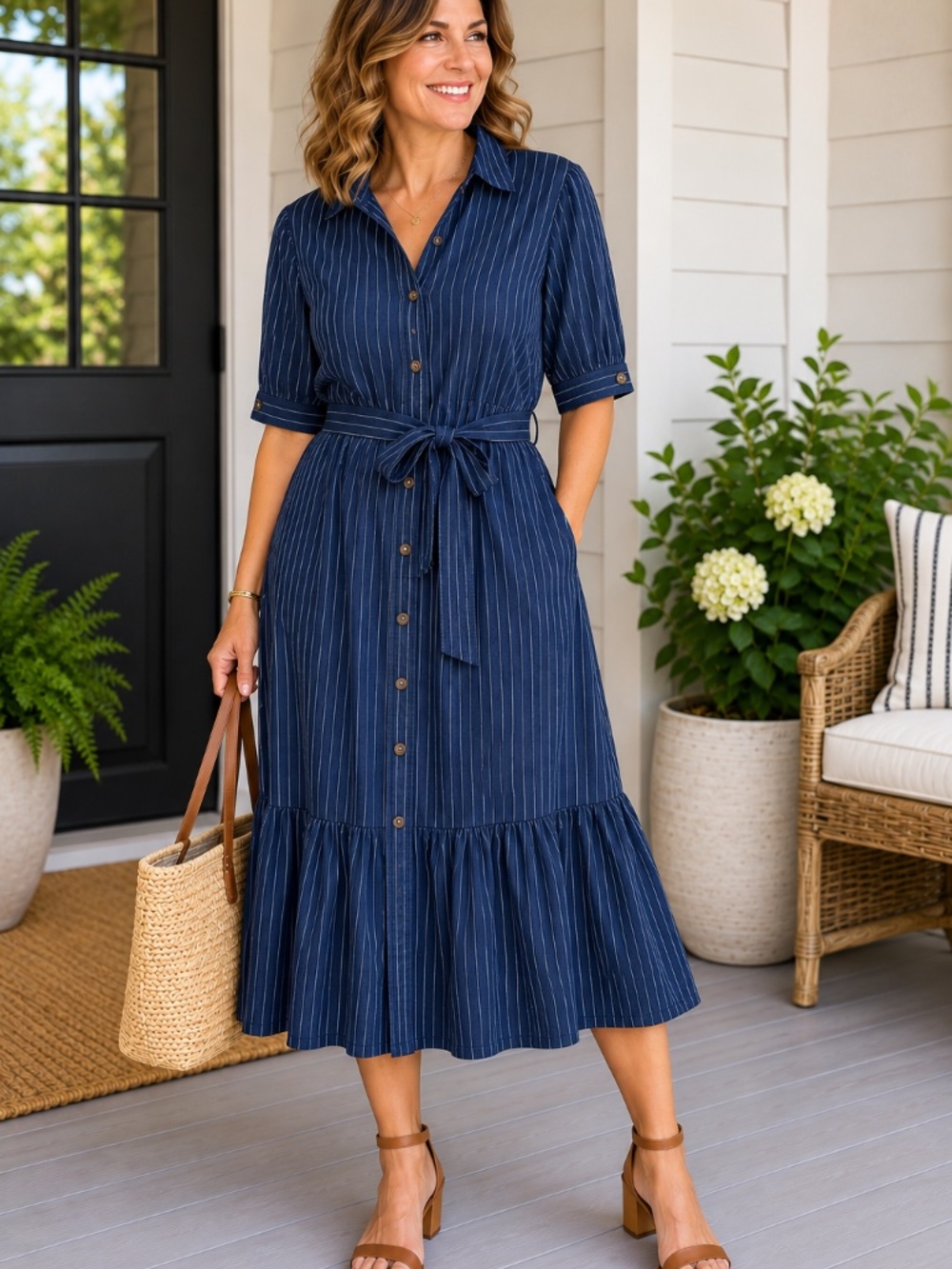 NWT NYDJ Kate Ruffle Dress Dark Ocean Stripe Size 3X Tencel Shirtdress